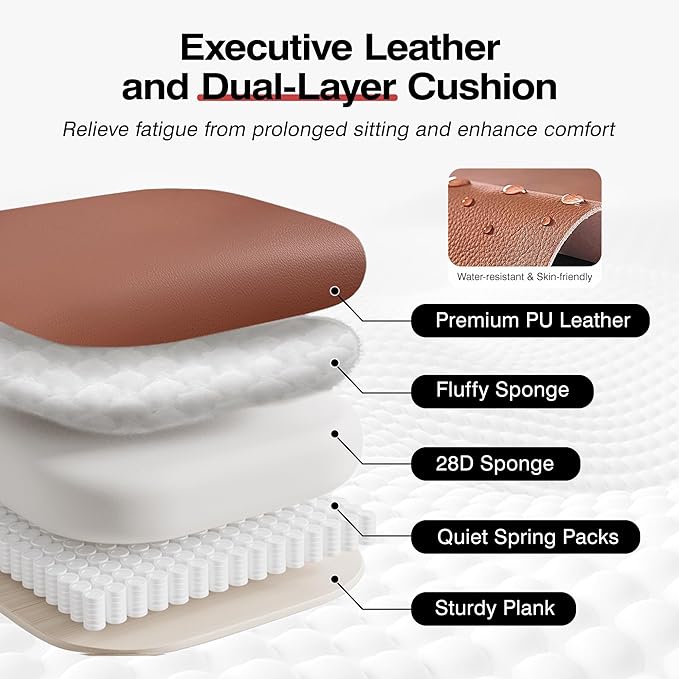 Office Chair Comfy, Big and Tall Executive Leather Chair, High Back Ergonomic Wide Chair with Footrest, Reclining Computer Desk Chair, Heavy Duty Gaming Chair with Padded Arm and Pillow, Brown