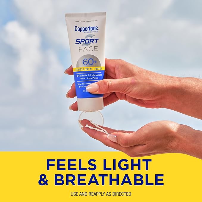 Coppertone Sport Face Sunscreen Lotion SPF 60+, Water Resistant Sunscreen with Broad Spectrum SPF 60+, Lightweight and Breathable, 2.5 Fl Oz Tube