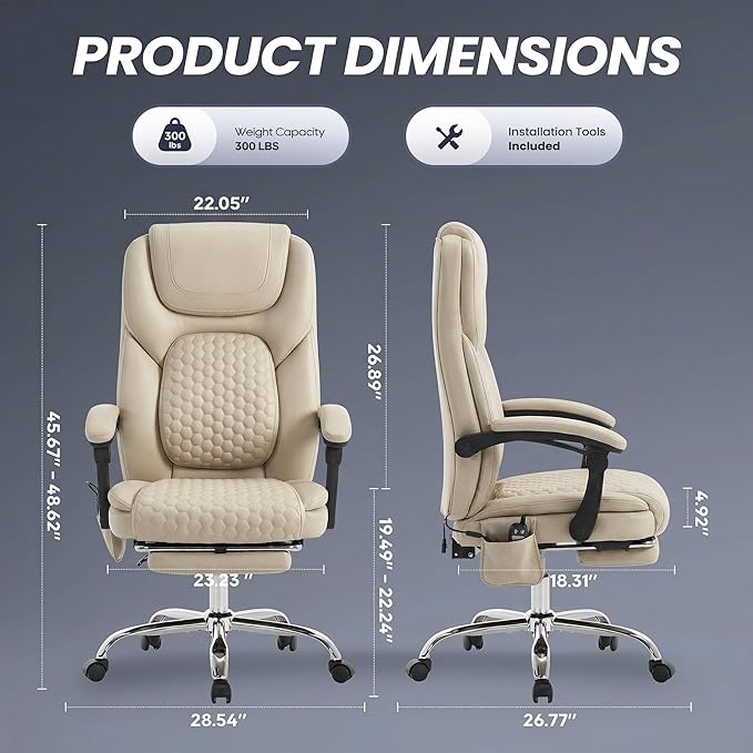 Massage Office Chair Set of 2 with 3-Level Heat and Footrest – 20-Min Easy Assembly, 300 lbs Big and Tall Desk Chair, PU Leather Ergonomic Executive Computer Chair with Side Pocket, Beige