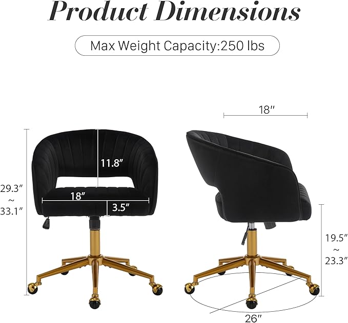 Home Office Swivel Desk Chair, Modern Velvet Vanity Chair, Height Adjustable Armchair with Gold Base, Ergonomic Office Chair for Task Study Computer Room, Black