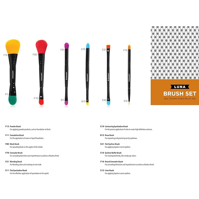 SHANY Vegan Makeup Brushes - LUNA - 6 PC Double Sided Travel Make up Brushes with 12 unique Bristles sides - Brush storage Pouch - Synthetic Cosmetics Brush