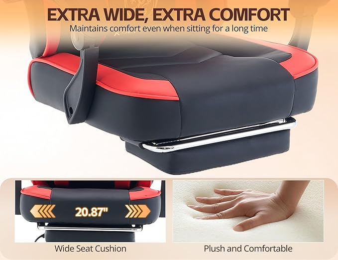 Office Chair Breathable Leather with Pocket Spring Cushion, Wide and High Ergonomic Computer Gaming Chair with Headrest and Footrest for Adult and Teen, Black and Red