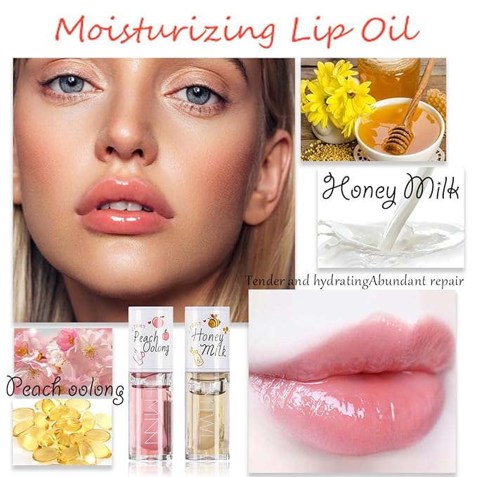 2pcs Peach Honey Lip Gloss, Moisturizing Lip Essence, Plumping Lip Oil Crystal Jelly Lip Oil Balm, Long-Lasting Nourishing Vitamin E Lip Glow Oil Non-Stick Fresh Texture Lip Care Liquid