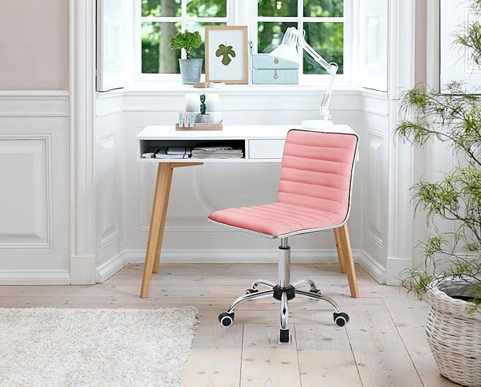 Furmax Vanity Office Desk Chair with Wheels, Armless Small Cute Leather Makeup Computer Task Chair Adjustable Height 360° Swivel (Pink)
