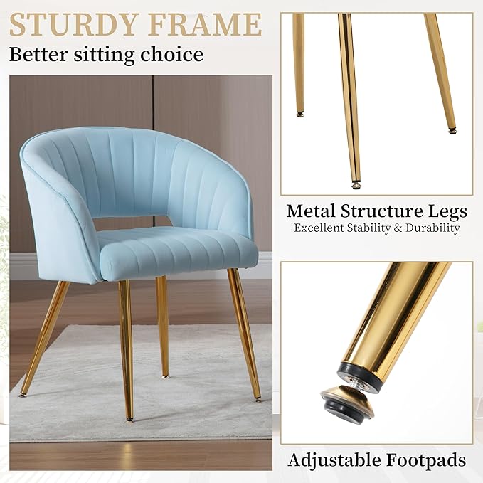 Westice Velvet Home Office Desk Chair Set of 1, Modern Tufted Vanity Chairs with Gold Metal Legs, Upholstered Accent Armchair for Living Room Restaurant, Light Blue