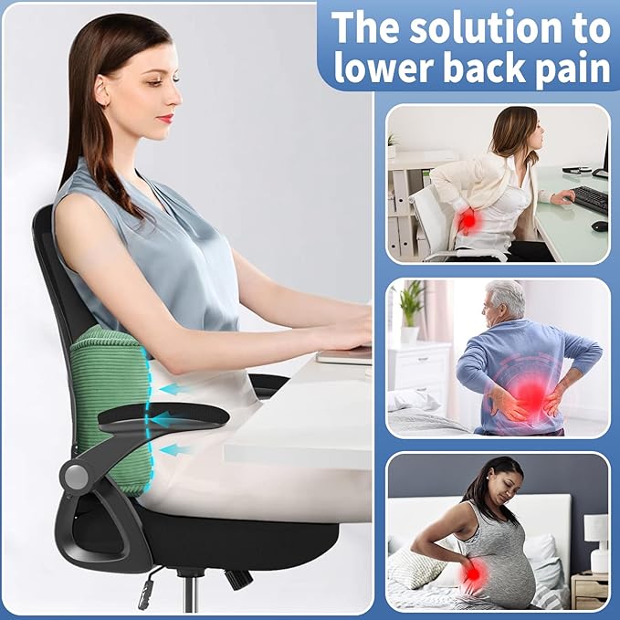 Lumbar Support Pillow for Office Chairs, Bite-Size Natural Latex Foam Back Support Pillow for Lower Back Pain Relief, Soft & Support Corduroy Desk Chair Cushion, M, Green