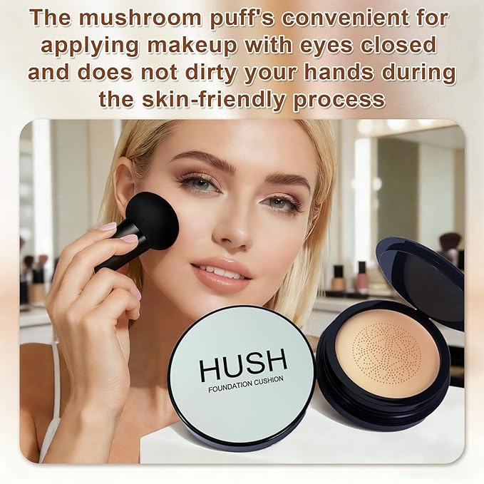 Hush makeup foundation -glow makeup foundation for older women – Korean Warm Tone CC Mushroom Air glow Foundation, Full Coverage Long-Lasting BB Cream cushion foundation, Natural Radiant Finish