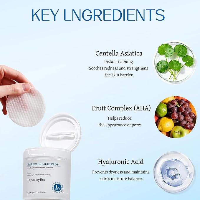 1% Salicylic Acid Pads for Face & Body – Exfoliating Toner Pads with Centella Asiatica, Hyaluronic Acid & Probiotics – Gentle Pore Clearing, Blackhead Removal, Skin Texture Refinement – 70 Count
