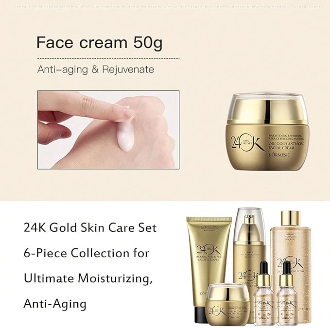 Women’s Gold Skin Care Set 6-Piece Collection - 24K Anti-Aging Skincare Kit: Facial Cleanser, Face Serum 2pcs, Eye Cream, Essence Milk, Toner, Anti-Aging Skin Care Kit for Women