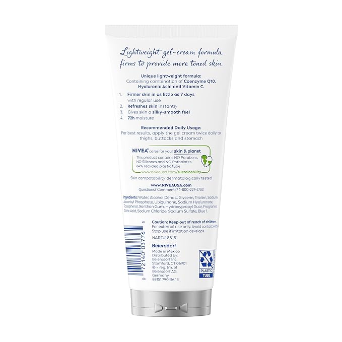 NIVEA Skin Firming & Toning Body Gel Cream with Q10, Hyaluronic Acid and Vitamin C, Clinically Tested Skin Firming & Toning Cream, 72-Hour Moisture, 6.7 Oz Tube