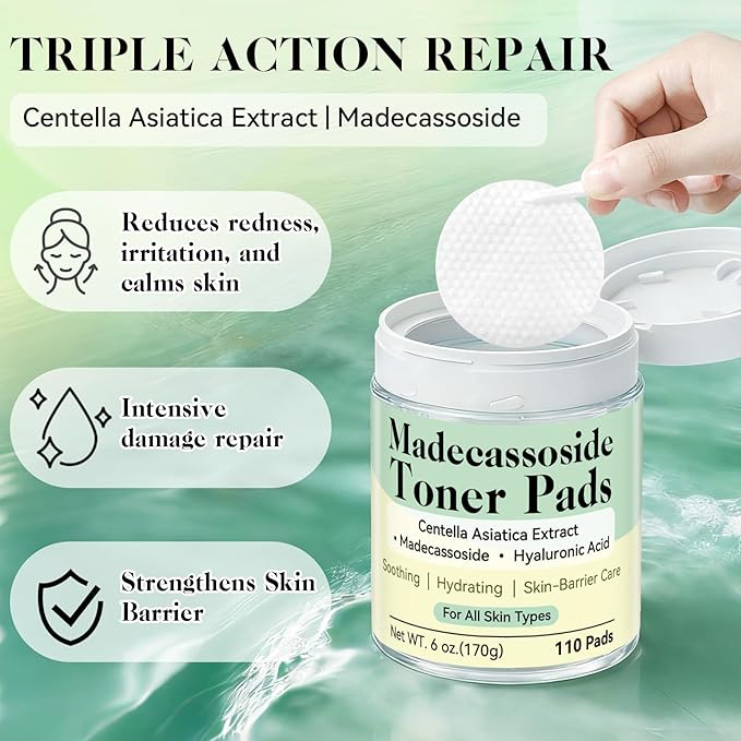 Madecassoside Toner Pads, Facial Exfoliating Pads, Redness Reducing Skin Care, Hydrating Pore Care, Toner Pads for Acne Prone, Oily, Clogged Skin, Non Comedogenic, Ideal for All Skin, 110 Pads