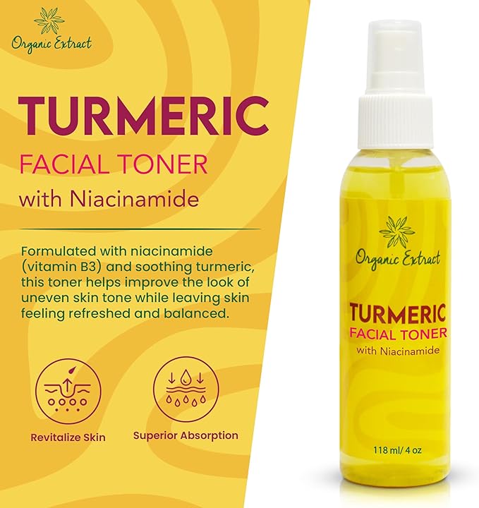 Turmeric Facial freshener - 4 fl oz / 118 ml - Skin Brightening Face freshener, Gently Removes Impurities - Skin Balancing & Pore-Reducing Toner - Hydrating Toner with Niacinamide