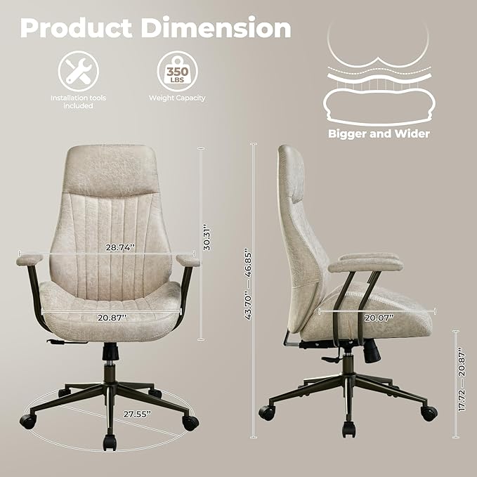 ovios Ergonomic Office Chair, High Back Faux Leather Executive Chairs with Armrests, Comfy Mid-Century Modern Swivel Rolling Computer Armchair (Beige, Suede Leather)