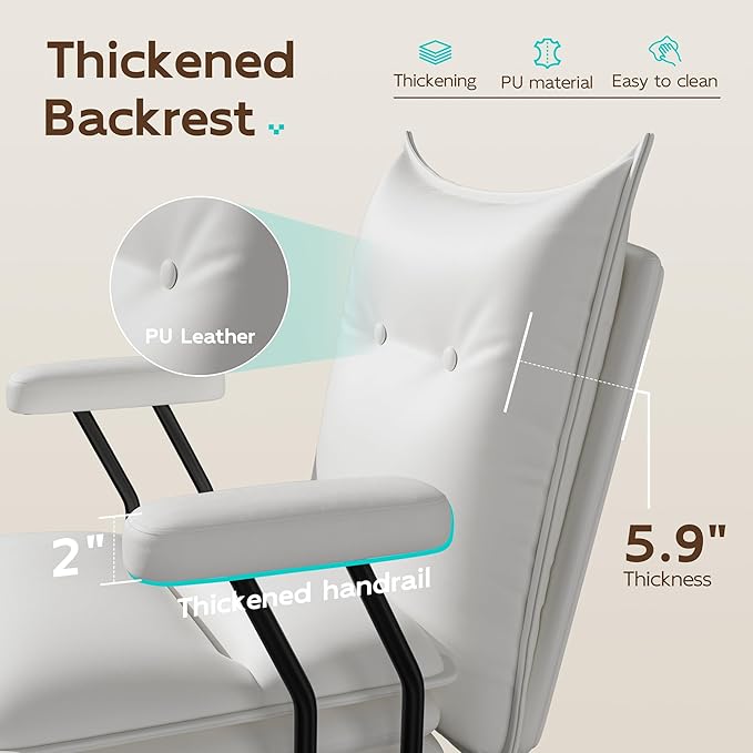 White Office Chair with Triple-Layers Thicken Wide Seat, Mid Back Leather Desk Chair with Wheels and Arms, Mid-Century Modern Computer Chair for Home Office