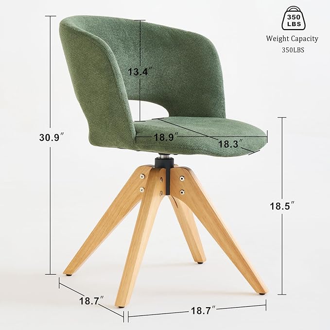 Mid Century Modern Swivel Accent Chair with Solid Wood Legs, Home Office Desk Chair No Wheels, Makeup Chair for Vanity, Upholstered Chair for Bedroom, Green