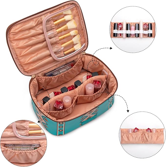 Montana West X Wrangler Travel Makeup Bag 2pcs Set Large Cosmetic Bag with Makeup Brush Holder Portable Make Up Organizer Cute Toiletry Bag with Divider and Handle for Women Aztec