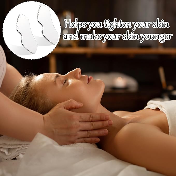 2Pcs Stainless Steel Gua Sha Facial Tools Metal Detail Gua Sha Stone Body Lymphatic Drainage Massager Face Guasha Face Sculpting Tool Skin Care with Gift Pouch Mother's Day Gifts