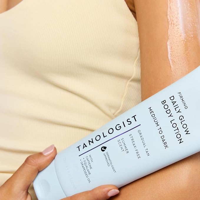 Tanologist Firming Daily Glow Body Lotion- Light/Medium, Fast-Developing, Transfer-Proof Gradual Self Tanner, Summer Scent, Natural Not Orange, Lasts 7 Days, Vegan Formula, 8.45 fl oz