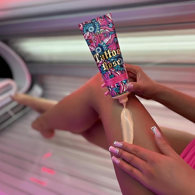Tattoo Safe Tanning Bed Lotion - Indoor Dark Tanning Accelerator with Fade Protection | Tattoo Color Enhancer & Hydrating Skin Formula (Rose 8.5 Fl Oz)
