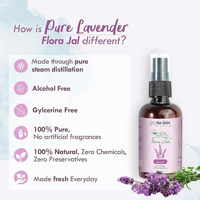 NAT Habit - 100% Pure Lavender Jal - Lavender Water - Toner, Face-Mist, Astringent & Face Spray- Ayurvedic Steam-Distilled for Oil-Control, Acne-Control, Skin Hydration (Pack of 1, 100 ml)
