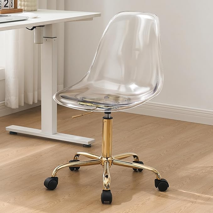 Lessmore Clear Acrylic Desk Chair, Modern Small Acrylic Home Office Chairs with Wheels, Armless Swivel Vanity Rolling Chair for Office, Home (Gold)