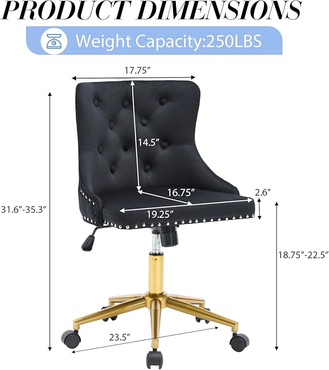 Velvet Armless Home Office Desk Chair, Swivel Height-Adjustable Small Cute Vanity Chair for Women/Girls, Comfy Makeup Chair with Rivet and Gold Base for Living Room, Bedroom(Black)