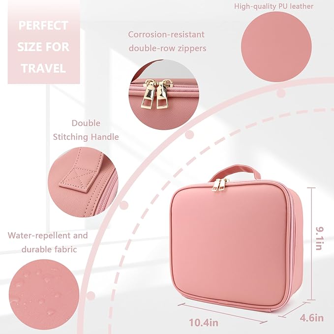 Makeup Bag with Mirror,with Mirror 3 Color Setting and Jewelry Box Large Vanity Makeup Cases,Portable Storage and Adjustable Dividers, for Women and Makeup Artists-Pink