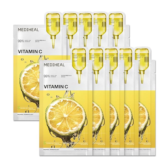 Mediheal Essential Face Mask [Vitamin C] Clear Toning 10 pcs. with 99% Purity Vitamin C & 10 Vita Actives for Radiance & Hydrating Glow & Vitalizing- Korean Skin Care & Vegan Formula Korean Sheet Mask