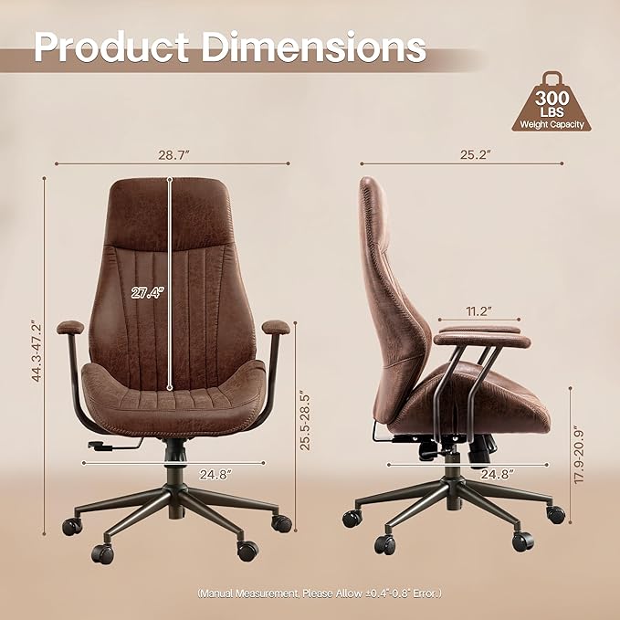 HOOOWOOO Faux Suede Leather Home Office Desk Chair,MCM Modern Ergonomic Task Work Chair,Computer Gaming Chair with Cushion Seat Lumbar Support Reclining High Back for Long Hours(Chocolate Brown)