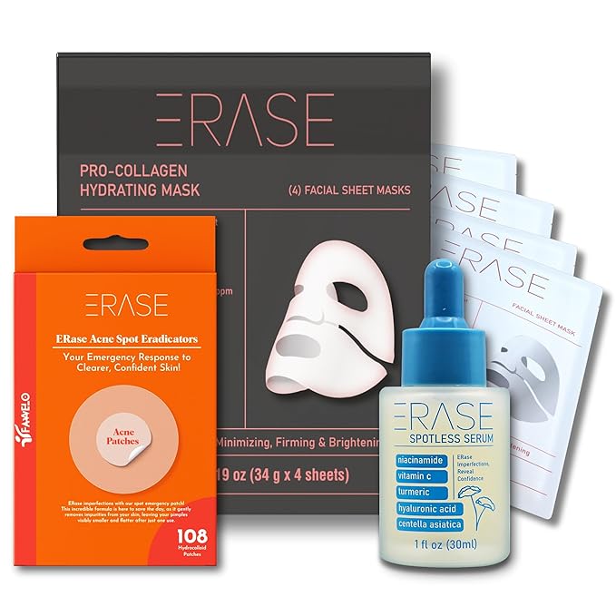 ERASE Clear Skin 3-Step System | Spotless Serum + Pro-Collagen Hydrating Mask + Acne Patches | Brighten, Hydrate & Clear Skin | Niacinamide, Vitamin C & Collagen | For Teens & Adults