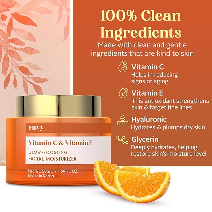 Envy Vitamin C & Vitamin E Face Moisturizer Cream - Hydrating, Reduces Acne Scars & Fine Lines - Anti-Aging, Dermatologist Tested for All Skin Types - 1.69 Fl. Oz