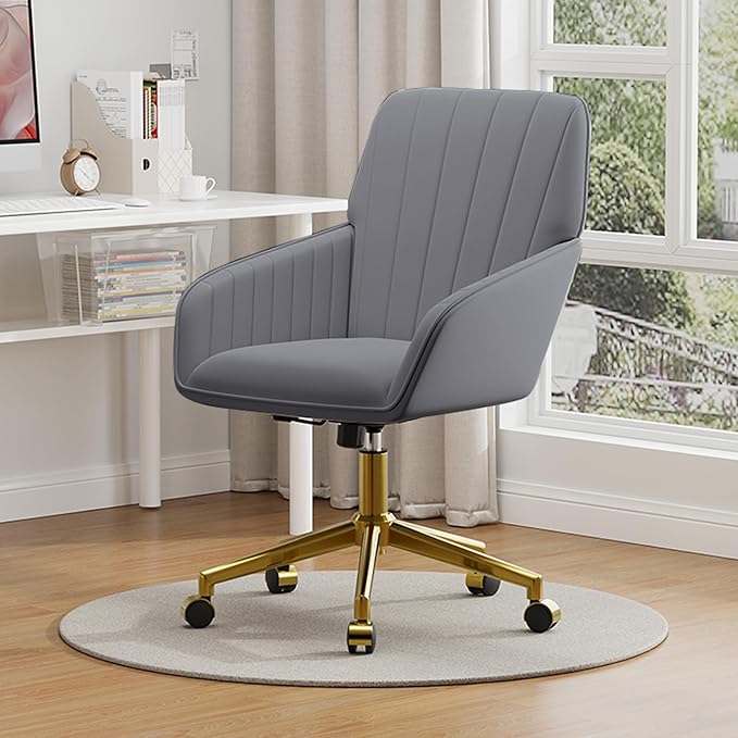 YISHENG Velvet Office Desk Chair with Gold Base, with Wheels,Modern Height Adjustable 360 Degree Swivel Upholstered Vanity Chairs with Arms for Living Room Bedroom，Gray