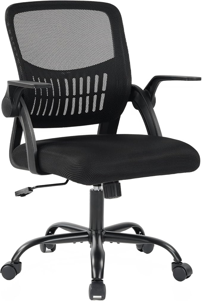 DUMOS Home Office Computer Chair - Ergonomic Mid Back Desk with Lumbar Support and Rocking Mode, Height Adjustable with Flip-up Armrest, for Conference Meeting Room, 360° Swivel, Adults, Black