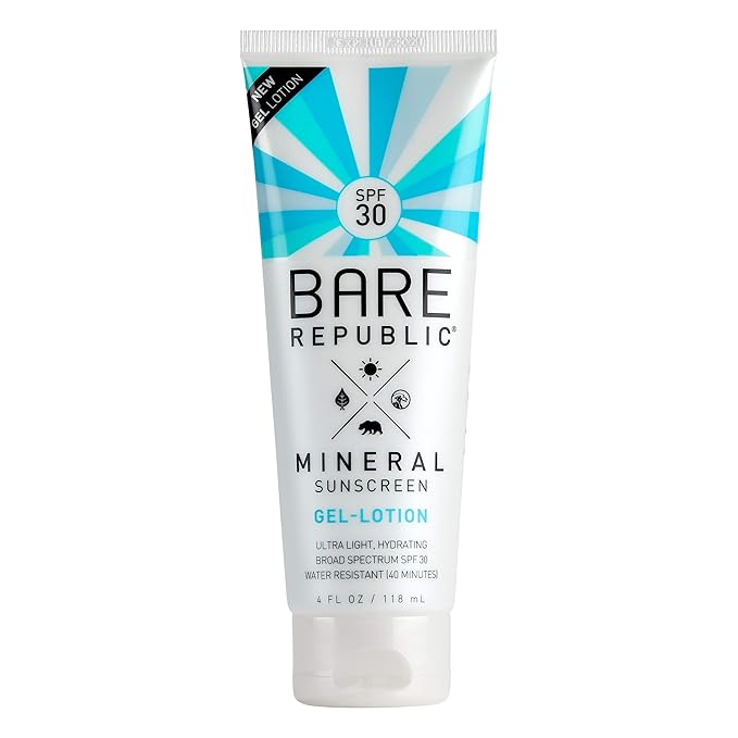 Bare Republic Mineral Gel Sunscreen SPF 30 Sunblock Body Lotion, Light and Hydrating Skin Care, 4 Fl Oz