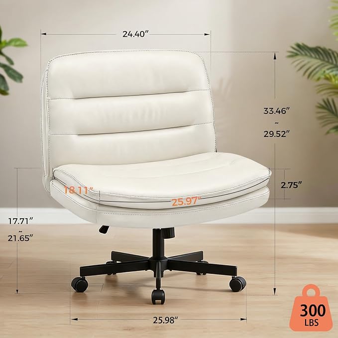 GTPLAYER Cross Legged Office Chair, Armless Desk Chair Cute Vanity Chair with Wheels Computer Chair Comfy Wide Office Chair Adjustable Swivel for Home Computer Task,Pu Leather Beige