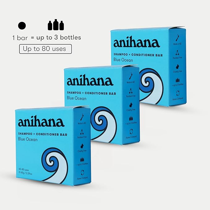 ANIHANA 2-in-1 Shampoo & Conditioner Bar Plastic-Free, Travel Friendly, Blue Ocean Scent for Regular Normal Hair, Clean, Purifying, Natural, Healthy Look and Shine, Paraben-Free, 2.29 oz