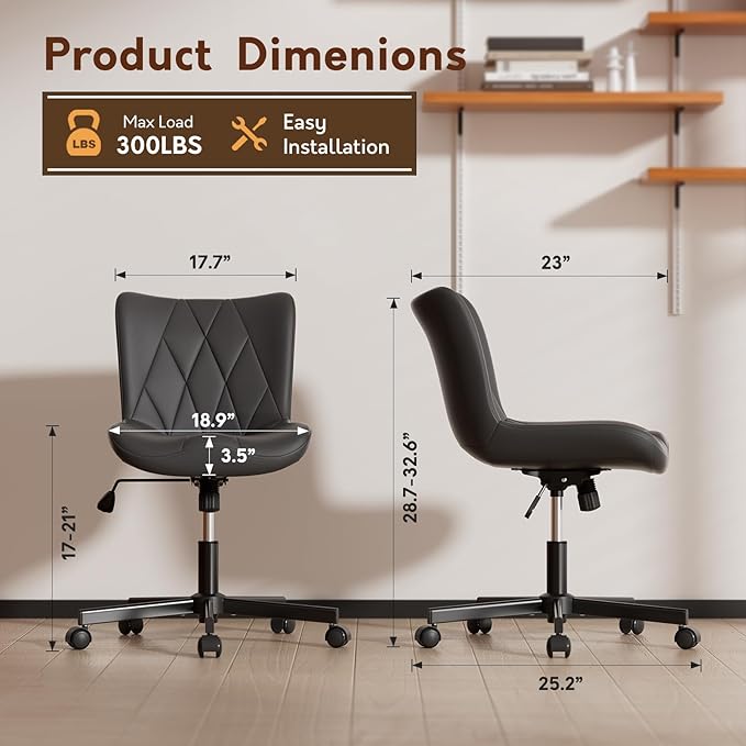 Armless Desk Chair, Morden Home Office Chair no Arms, Adjustable Height & Rocking Computer Chair, PU Leather Vanity Chair, Ergonomic Seat Soft Padded Desk Chairs for Home Small Space, Black