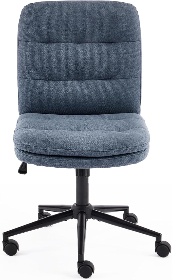 VINGLI Mid Back Armless Office Desk Chair with Wheels/no Wheels,360°Rocking Swivel Vanity Chair with Thickened Cushion,Adjustable Height Rolling for Reading Room, Make up, Linen Navy Blue