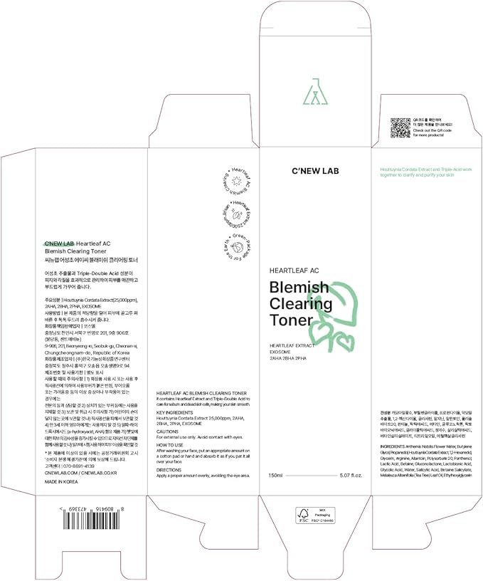 C’New LAB Heartleaf AC Blemish Clearing Toner 150ml (5.07 fl.oz.) | Sebum & Acne Control, Pore Tightening, Skin Balancing Toner | Heartleaf Extract, Heartleaf Exosome, PHA, Korean Facial Toner
