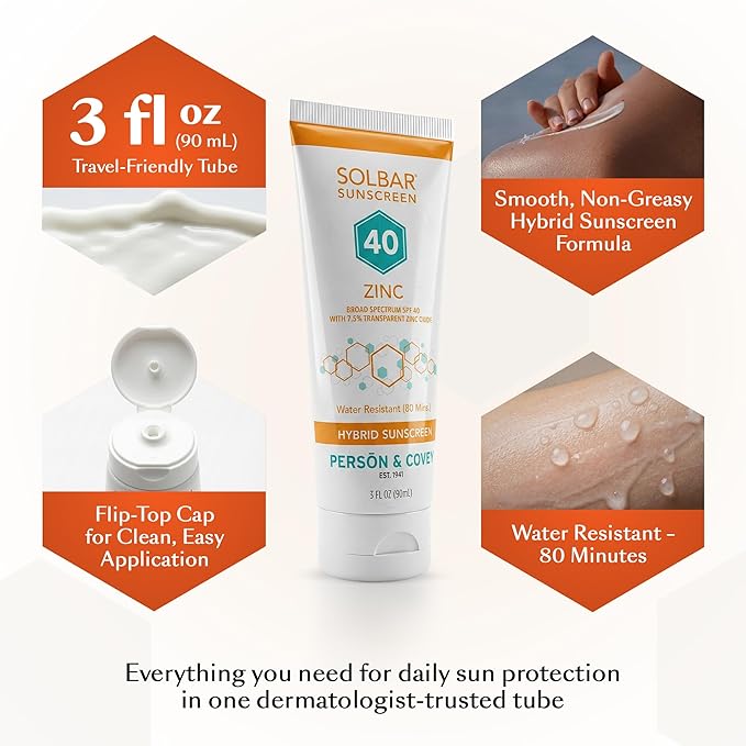 Solbar Zinc SPF 40 Hybrid Sunscreen for Face & Body, Transparent Zinc Oxide, Broad Spectrum Sun Care, Water Resistant Travel Size 3oz