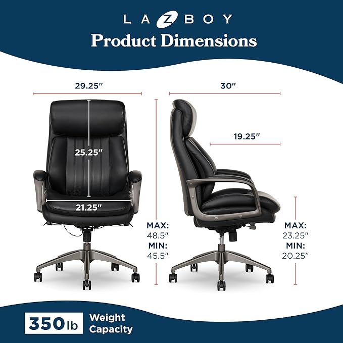 La-Z-Boy Nova Executive Office Chair - Ergonomic High Back Desk Chair with AIR Lumbar Support - Comfortable ComputerChair for Home Office - Vegan Leather - Black