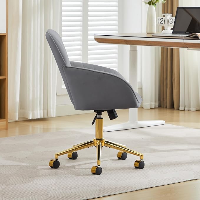 YITAI Velvet Office Desk Chair with Wheels and Gold Base,Modern Height Adjustable 360 Degree Swivel Upholstered Vanity Chairs with Arms for Living Room Bedroom, Study,Gray
