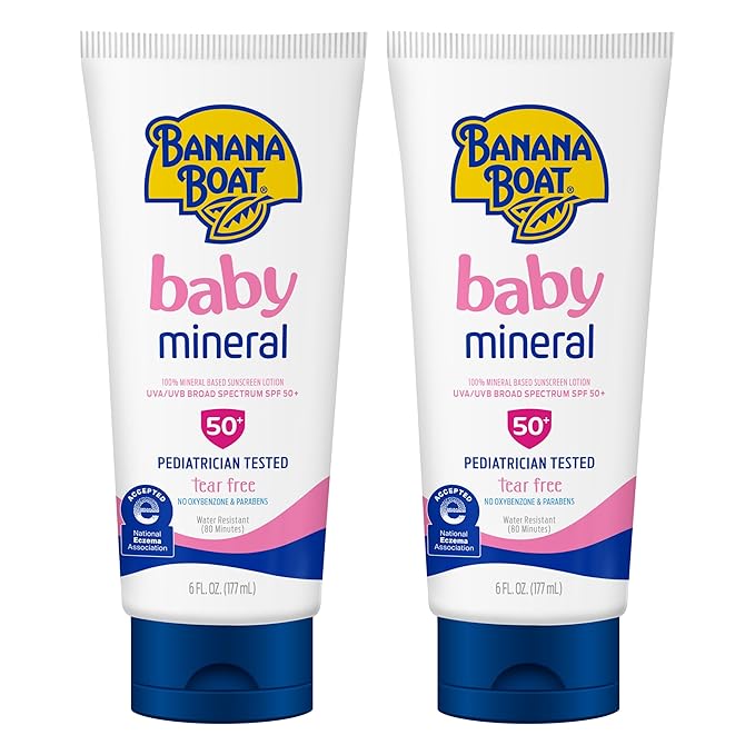 Banana Boat 100% Mineral Baby Sunscreen Lotion SPF 50 Twin Pack | SPF 50 Sunscreen for Babies, Baby Sunblock Lotion, Oxybenzone Free, 6oz each