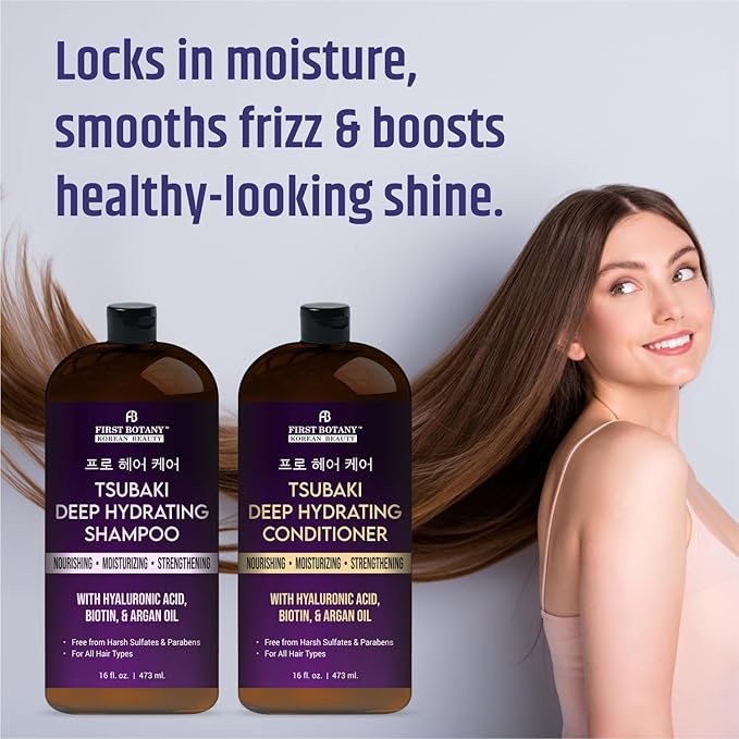 Korean Tsubaki Deep Hydrating Shampoo & Conditioner Set – With Hyaluronic Acid, Biotin & Argan Oil – Nourishing, Moisturizing – Sulfate & Paraben Free – For All Hair Types, 16 fl oz