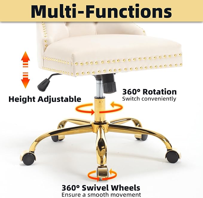 ABET Desk Chair with Wheels, Velvet Gold Office Chair Armless Swivel Chair with Tufted High Back Rivet Trim, Comfy Upholstered Ergonomic Computer Chair for Bedroom, Beige