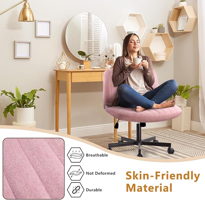 Criss Cross Chair, Fabric Armless Cross Legged Home Office Chair for Vanity, Wide Seat Swivel Criss Cross Desk Chair, Height Adjustable Vanity Chair with Wheels and Back, Pink
