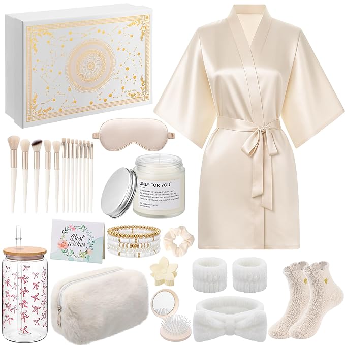 15 Pcs Birthday Gifts for Women Robe Sets for Women Spa Basket Set Graduation Gifts Bath Robe Make up Brushes Scented Candle Fluffy Socks Coffee Cup for Mom Nurse Girlfriend Wife(Champagne)