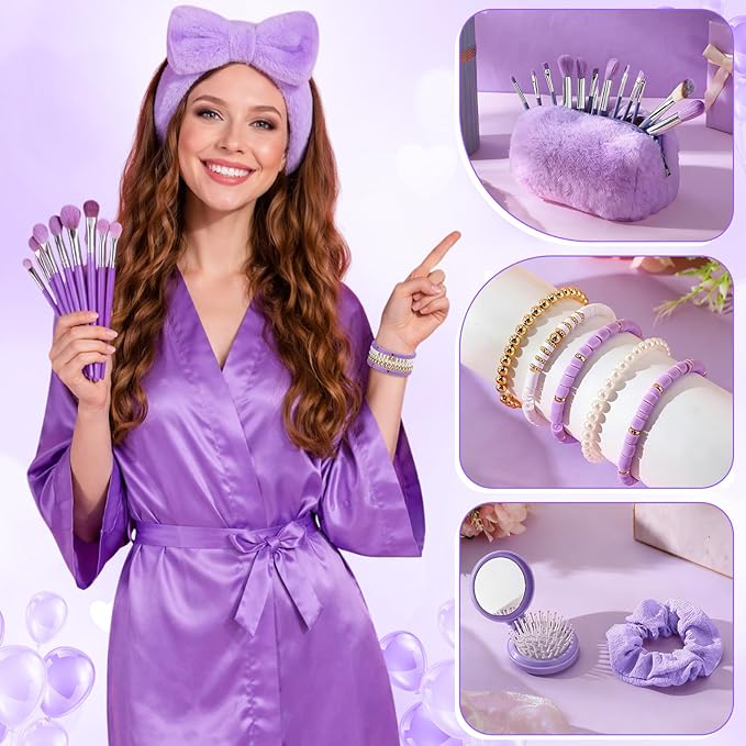 15 Pcs Birthday Gifts for Women Robe Sets for Women Spa Basket Set Graduation Gifts Bath Robe Make up Brushes Scented Candle Fluffy Socks Coffee Cup for Mom Nurse Girlfriend Wife(Purple)