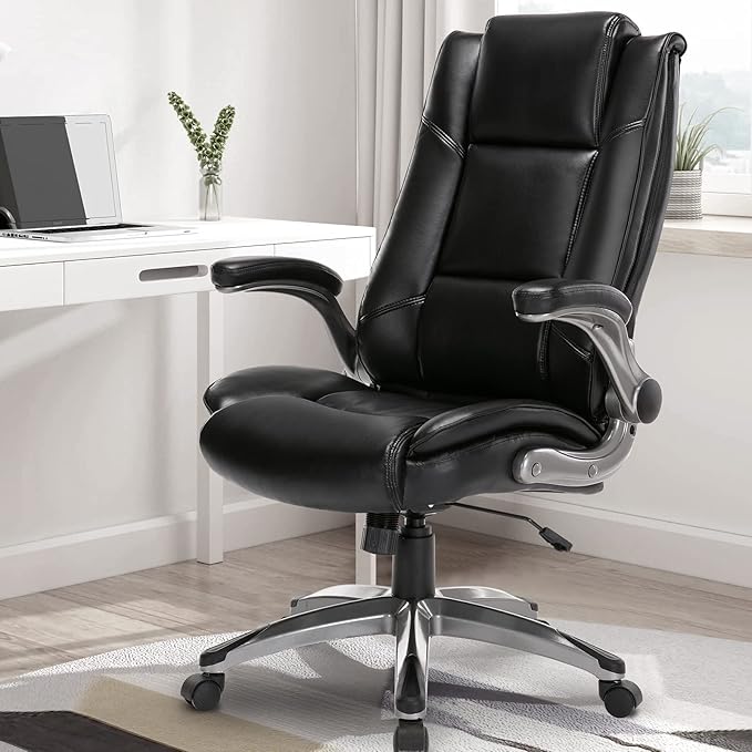 Leather Executive Office Chair - High Back Home Computer Desk Chair with Padded Flip-up Arms, Adjustable Tilt Lock, Swivel Rolling Ergonomic Chair for Adult Working Study, Black