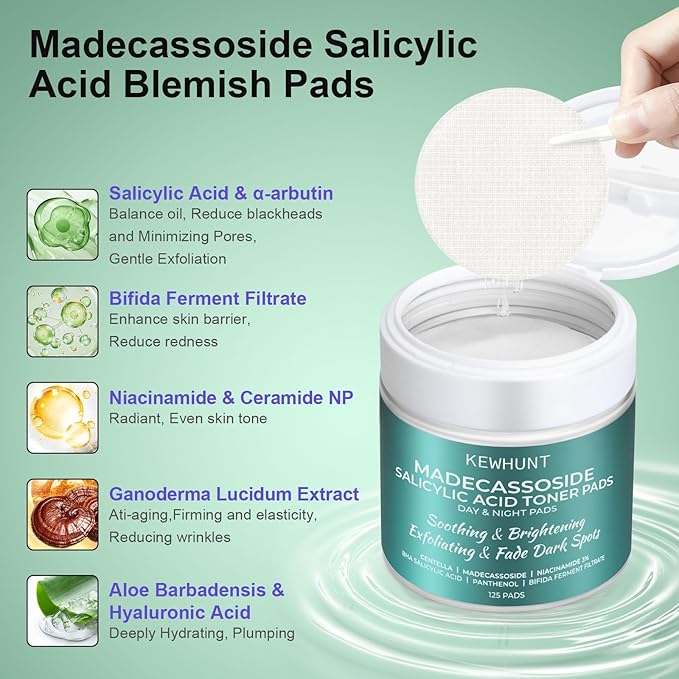 Madecassoside Toner Pads, Mild Exfoliating Pads, Calming Blemish Face Pad -Centella, Niacinamide, BHA Salicylic Acid for Soothe, Uneven Skin Tone, Dark Spots, Skincare 125 Pad